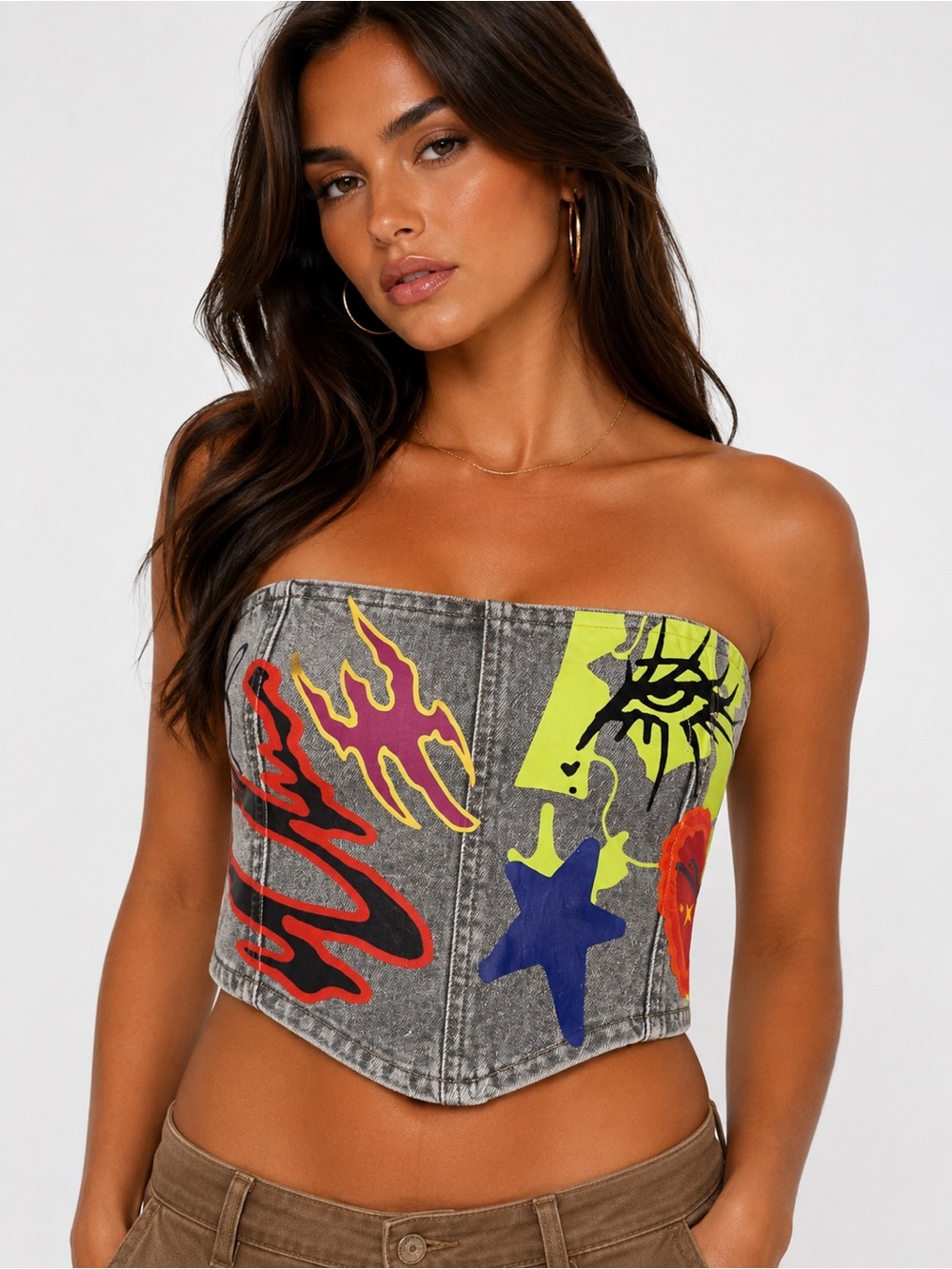 AKIRA Graffiti Print Denim Corset Top – NWT